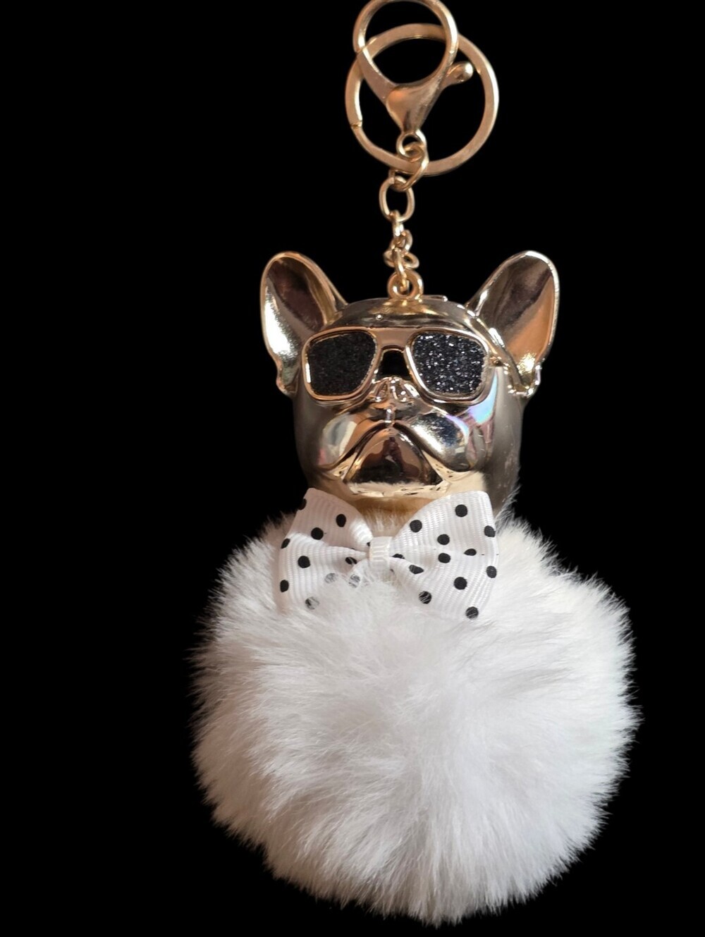 Gold French Bulldog Pom Bag Charm Keychain with White Pom and Polka Dot Bow